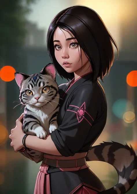 asian girl and pet Fishing Cat, Brunette head, at least, confusion, Historic City of Ahmadabad, crazy-looking style,, (masterpiece), (realistic), 8k, RAW photo, very wide shot, octane render, unreal engine, volumetrics dtx, (film grain, bokeh, blurry foreground)
