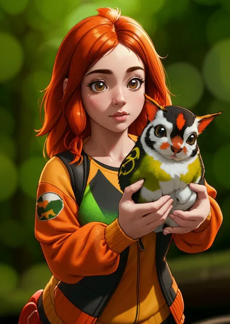 hispanic girl and pet Chestnut-Sided Warbler, Ginger head, bounce, fright, Ivindo National Park, fractals style,, (masterpiece), (realistic), 8k, RAW photo, very wide shot, octane render, unreal engine, volumetrics dtx, (film grain, bokeh, blurry foreground)