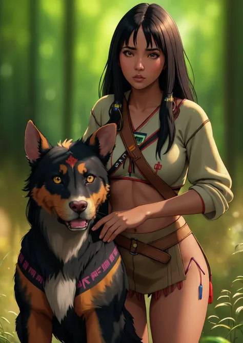 native american girl and pet Beauceron, Brunette head, lies, Fury, Hortobgy National Park - the Puszta, hallucinogen style,, (masterpiece), (realistic), 8k, RAW photo, very wide shot, octane render, unreal engine, volumetrics dtx, (film grain, bokeh, blurry foreground)