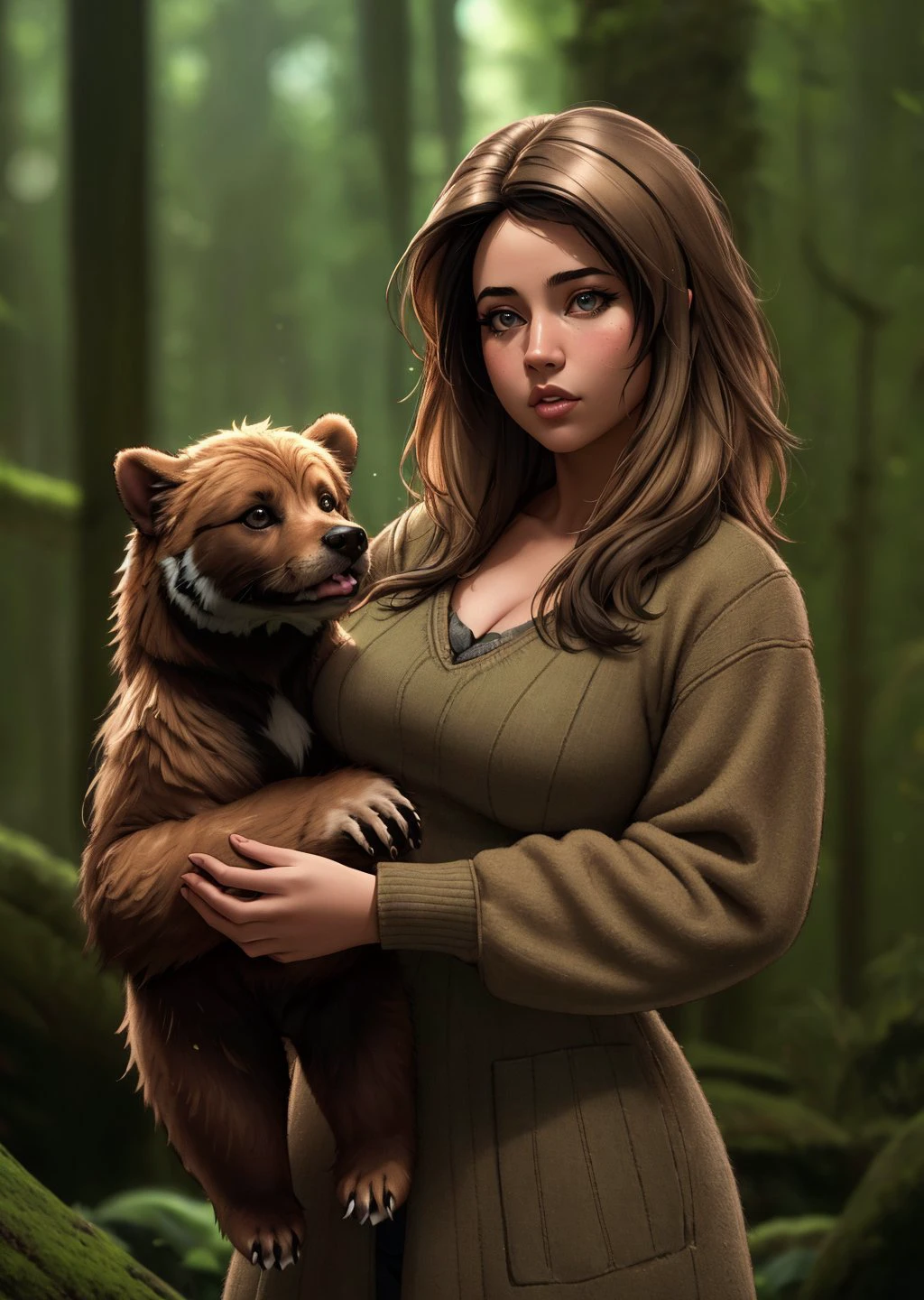 hispanic girl and pet Grizzly Bear, Light brown head, costs, Horror, Ancient and Primeval Beech Forests of the Carpathians and Other Regions of Europe, entoptic fractals style,, (masterpiece), (realistic), 8k, RAW photo, very wide shot, octane render, unreal engine, volumetrics dtx, (film grain, bokeh, blurry foreground)