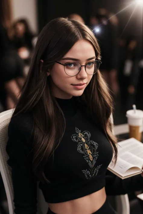 (CINEMATIC SHOT:1.4)(Packed College Study Hall:1.4) The 22 year old TrualityCampus_Penelope (Brunette Hair.1.3)(Black Leggings and a Sweater:1.4)((Photo Focus, DOF, Aperture, insanely detailed and intricate, character, hypermaximalist, elegant, ornate, beautiful, exotic, revealing, appealing, attractive, amative, hyper realistic, super detailed, (lens flare:1.1) heresy flares)) (Wearing glasses:1.4) (studying:1.4) <lora:people_count_slider_v1:4>