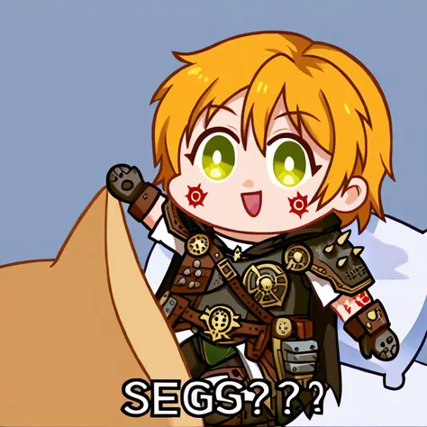 Seggs, chibi, open mouth, smile, english text, <lora:Seggs_XLPD:1.1>,1girl,  <lora:RyzzaPony:0.85>,ryzzart,bionic eye,short sleeves,armor,cape,shoulder armor,tattoo