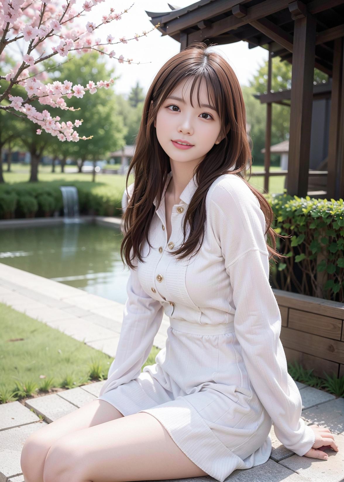 A close up of a woman sitting on a stone bench - SeaArt AI