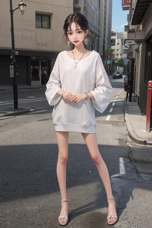 A woman standing on the side of a street wearing a white dress - SeaArt AI