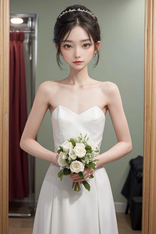 (solo:1.1),1woman,(detailer face:1.3),stare,bridal dressing room,<lora:breastsizeslideroffset:-0.8>,<lora:weight_slider_v2:-1.2>,