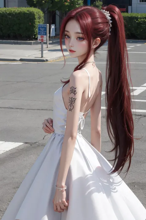 woman,(detailer face:1.3),(wedding dress),(dress carefully:1.1),<lora:breastsizeslideroffset:-0.6>,<lora:weight_slider_v2:-1.1>,Small black tattoos on arms,anklet,high ponytail,(very long hair:1.3),
(korean still model:1.3),(korean fashion model:1.3),armpit_crease BREAK bright red brown hair,