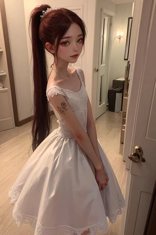 woman,(detailer face:1.2),(bridal dressing room:1.3),(dress carefully:1.1),<lora:breastsizeslideroffset:-0.8>,<lora:weight_slider_v2:-1.2>,Small black tattoos on arms,anklet,high ponytail,(very long hair:1.4) BREAK bright red brown hair,