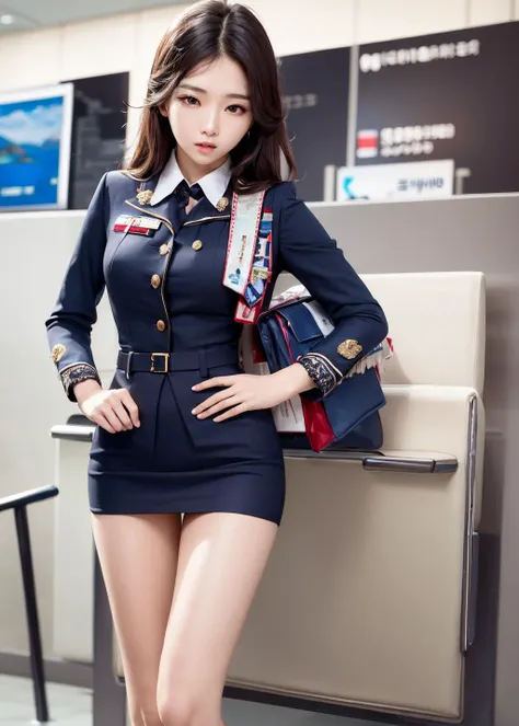 [(best quality, masterpiece, intricate details:1.3):0.2], 1 girl, in the airport, stewardess uniform, (korean mixed, kpop idol:1.2), pale skin, slender, thigh gap,