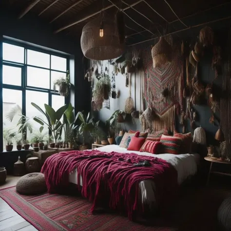 <lyco:Boho_style_interior_design_Sa_May:1.0> Boho style bedroom