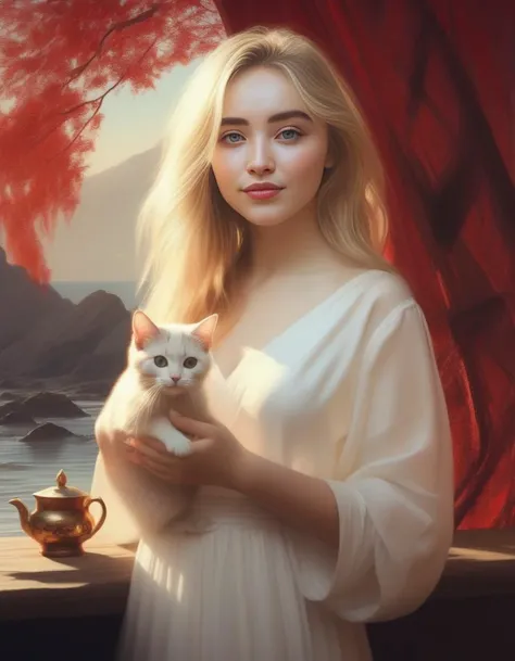 SabrinaCarpenter,<lora:SabrinaCarpenterSDXL:1>,5> as a beautiful woman with blonde hair and red eyes in a long dress on the beach wearing a white dress holding a cat; she is drinking tea, oil painting, 4k, 8k resolution, trending on artstation, highly detailed, masterpiece, super wide-shot, by Ilya Kuvshinov and William-Adolphe Bouguereau and Greg Rutkowski and John" Award winning-winning, symmetrical, magical, otherworldly, surreal, fantasy, intricate, richly decorated with traditional chinese patterns, digital art, beautiful face, realistic shaded lighting, mystical, dramatic lighting, sharp focus, smooth details, blur, hd quality, 4k resolution, artstationHD, deviantart, behance, trending on artstation, intricatestals, dreamscape, matte painting, mystical background, dramatic, elegant, dark background, fantasy character