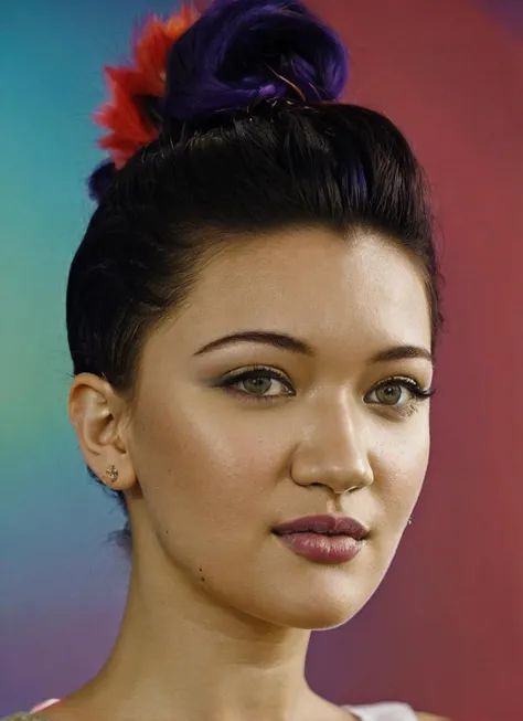 portrait of sks woman by Flora Borsi, style by Flora Borsi, bold, bright colours, rainbow Mohawk haircut, ((Flora Borsi)), <lora:locon_isabriones_v1_from_v1_64_32:1.25>