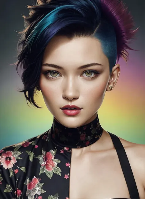 portrait of sks woman by Flora Borsi, style by Flora Borsi, bold, bright colours, rainbow Mohawk haircut, ((Flora Borsi)), <lora:locon_isabriones_v1_from_v1_64_32:1>