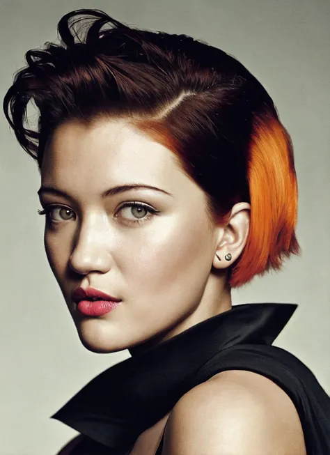 portrait of sks woman by Flora Borsi, style by Flora Borsi, bold, bright colours, orange Mohawk haircut, ((Flora Borsi)), <lora:locon_isabriones_v1_from_v1_64_32:1.25>