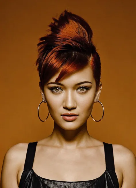 portrait of sks woman by Flora Borsi, style by Flora Borsi, bold, bright colours, orange Mohawk haircut, ((Flora Borsi)), <lora:locon_isabriones_v1_from_v1_64_32:1.25>