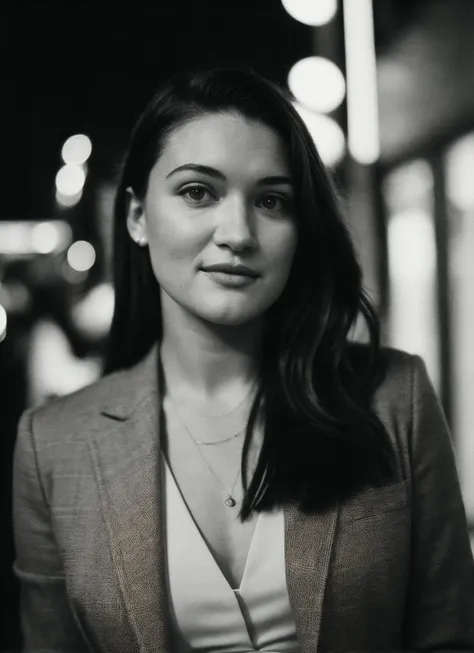 candid RAW close up portrait photo of sks woman in a (purple colored suit:1.0) on a dark street with shopping windows (at night:1.2), bokeh, Ilford Delta 3200 film, dof, high definition, detailed, intricate, flashlight, <lora:locon_isabriones_v1_from_v1_64_32:1>