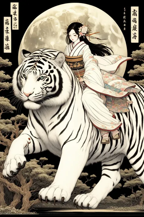 1girl, riding, tiger, japanese clothes, moon, black hair, kimono, long hair, hair ornament, flower, solo, hair flower, sash, white tiger, closed eyes, full moon, animal, obi, sidesaddle, kanzashi, geta, tree
<lora:kim_ç»è_v1:1>