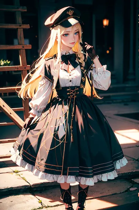 <lora:military uniform v1.0:0.6> jyojifuku, m dress, hat, gloves, boots,, absurdres, ultra detailed, masterpiece, best quality, aesthetic, detailed,, solo, soft smile, light smile,
katya1, 1girl, blue eyes, very long hair, blonde hair, long blonde hair, french braid, bangs, medium breasts,