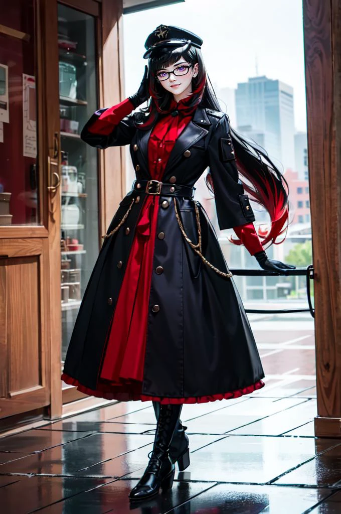 <lora:military uniform v1.0:0.6> jyojifuku, m dress, hat, gloves, boots,, absurdres, ultra detailed, masterpiece, best quality, aesthetic, detailed,, solo, smug smile, 1girl, purple eyes, red-framed eyewear, (black hair, red colored tips:1.2), red streaked hair, very long hair, side ponytail, tied hair, medium breasts, <lora:DipDyedHair:1> red IncursioDipDyedHair,