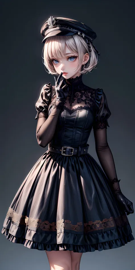 (masterpiece,ultra-detailed,best quality,8K,CG,illustration,shaved:1.0),(petite girl:1.0) <lora:more_details:1>,simple background
 <lora:military uniform v1.0:0.5> jyojifuku, m dress,hat, belt, gloves,black dress