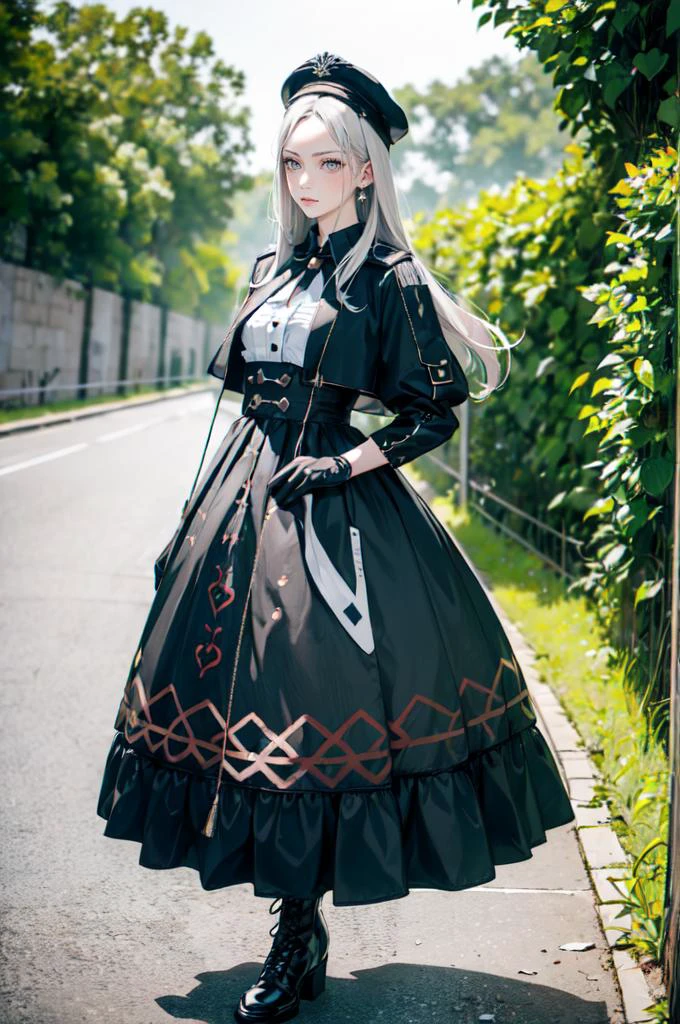 <lora:military uniform v1.0:0.6> jyojifuku, m dress, hat, gloves, boots,, absurdres, ultra detailed, masterpiece, best quality, aesthetic, detailed,, serious, 1girl, (white eyes:1.1), (grey eyes:1.3), white hair, very long hair, parted hair, parted bangs, <lora:parted_hair_v1.3:1.3>, medium breasts,