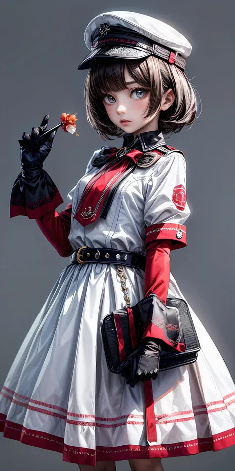 (masterpiece,ultra-detailed,best quality,8K,CG,illustration,shaved:1.0),(petite girl:1.0) <lora:more_details:1>,simple background
 <lora:military uniform v1.0:0.6> jyojifuku, m dress,hat, belt, gloves,white dress