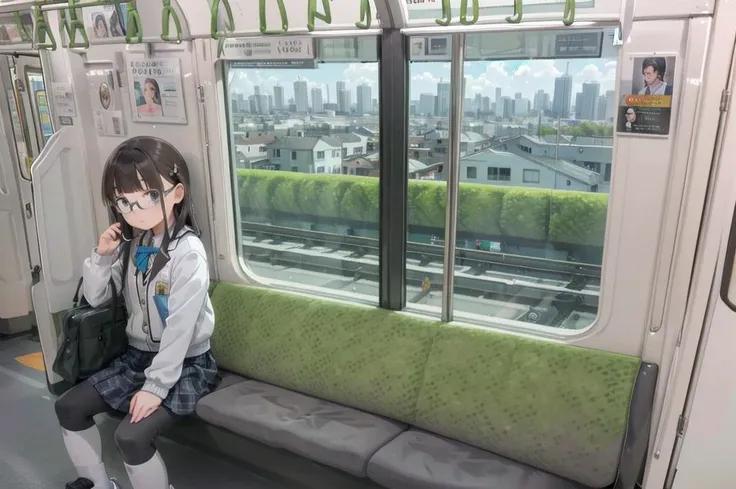 best quality, ultra-detailed, illustration,
1girl, glasses, school uniform, bag, jacket, sitting, holding, smartphone,
e235, seat, close-up, scenery, train interior, window, day,
sky, day, real world location, power lines, fence, city, cityscape, cloud, sign, poster (object),
<lora:E235_SD15_V6_DIM4:1>