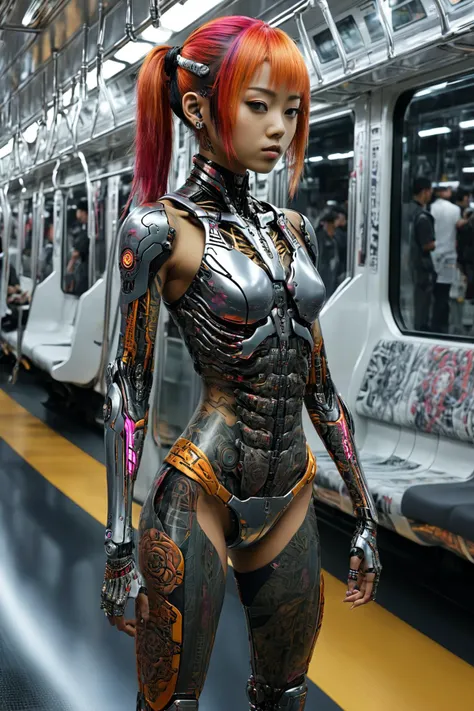 Cybepunk future: Cyborg japanese girl standing in crowded train carriage,a girl with intricate tattoos dressed in futuristic clothing revealing some cyborg skeletal structure with cyborg arms & legs,hair highlights,Hyper-realistic,vibrant colors,intricate details. (masterpiece, award winning artwork) many details,extreme detailed,full of details,wide range of colors,high Dynamic,<lora:retro fashion cyberpunk style:0.75>,<lora:E235l_SDXL_V1:0.8>,train interior,reelmech,