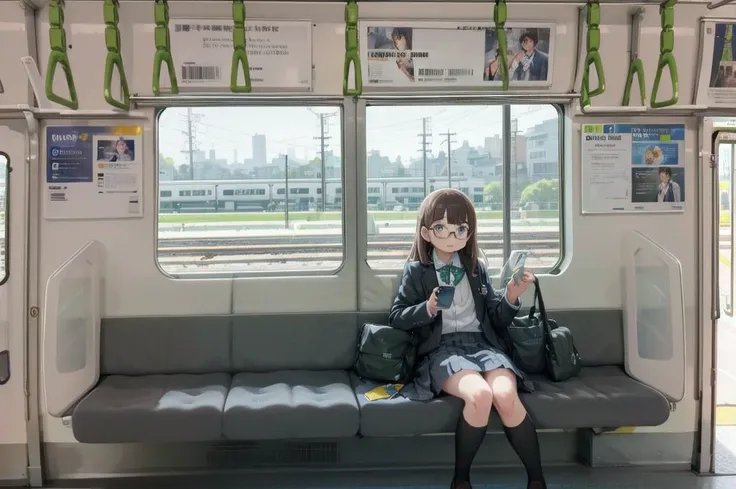 best quality, ultra-detailed, illustration, 
1girl, glasses, school uniform, bag, jacket, sitting, holding, smartphone, 
e235, seat, close-up, scenery, train interior, window, day, 
sky, day, real world location, power lines, fence, city, cityscape, cloud, sign, poster (object), 
 <lora:E235_SD15_V6_DIM4:1>