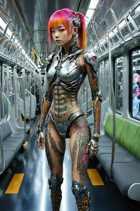 Cybepunk future: Cyborg japanese girl standing in crowded train carriage,a girl with intricate tattoos dressed in futuristic clothing revealing some cyborg skeletal structure with cyborg arms & legs,hair highlights,Hyper-realistic,vibrant colors,intricate details. (masterpiece, award winning artwork) many details,extreme detailed,full of details,wide range of colors,high Dynamic,<lora:retro fashion cyberpunk style:0.75>,<lora:E235l_SDXL_V1:0.8>,train interior,