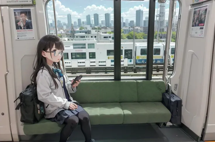 best quality, ultra-detailed, illustration,
1girl, glasses, school uniform, bag, jacket, sitting, holding, smartphone,
e235, seat, close-up, scenery, train interior, window, day,
sky, day, real world location, power lines, fence, city, cityscape, cloud, sign, poster (object),
<lora:E235_SD15_V6_DIM4:1>