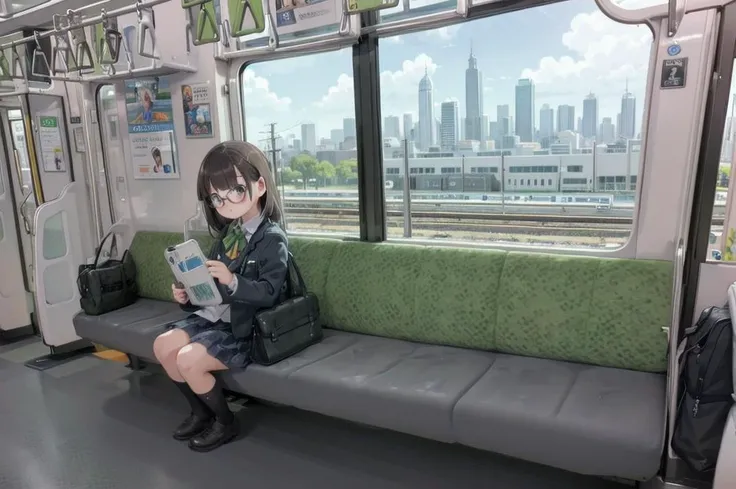 best quality, ultra-detailed, illustration,
1girl, glasses, school uniform, bag, jacket, sitting, holding, smartphone,
e235, seat, close-up, scenery, train interior, window, day,
sky, day, real world location, power lines, fence, city, cityscape, cloud, sign, poster (object),
<lora:E235_SD15_V6_DIM4:1>