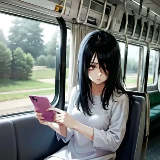 masterpiece, best quality, sadako_yamamura, <lora:Sadakobest:0.8>, whitedress, <lora:jrEastE235SeriesTrain_ver5:0.6>,e235, train interior, 1 girl in train, using phone, holding pole,