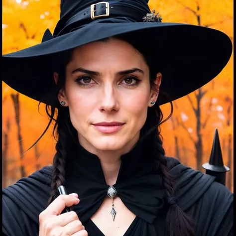 a photo of a young sndrb as a witch, (black witch outfit), evil smile, pointing at person, fall season background, fine-face, realistic shaded perfect face, fine details. Realistic shaded lighting poster by Ilya Kuvshinov katsuhiro, magali villeneuve, artgerm, Jeremy Lipkin and Michael Garmash, Rob Rey and Kentar Miura style, <lyco:SandraBV1.1:1.0>