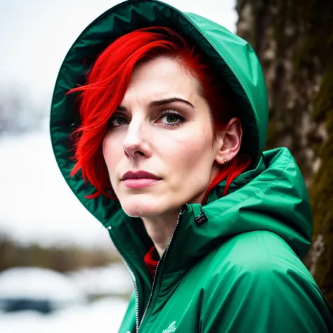 a photo of a sndrb wearing green jaket, red head, falling snow, Katyasitak, closeup, masterpiece, higeres, 4k, hdr, trending on ArtStation, <lyco:SandraBV1.1:1.0>