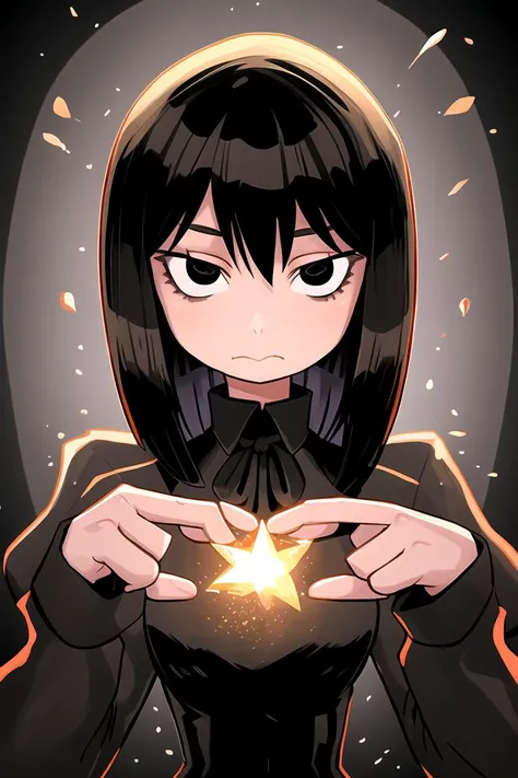 masterpiece, best quality, 1girl, solo, black hair, black background, upperbody, black eyes, black dress, long sleeves, cowboy shot, <lora:RariattoStyle:0.9>, perfect hands, gothic girl, neutral face, closed mouth,