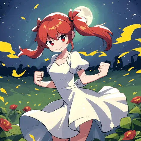 masterpiece, best quality, 1girl, solo, <lora:RariattoStyle:0.9>, red hair, twintails, clenched fist, white dress, wedding dress, closed mouth, night, moon, outdoors, red eyes, short sleeves, smile, cowboy shot,