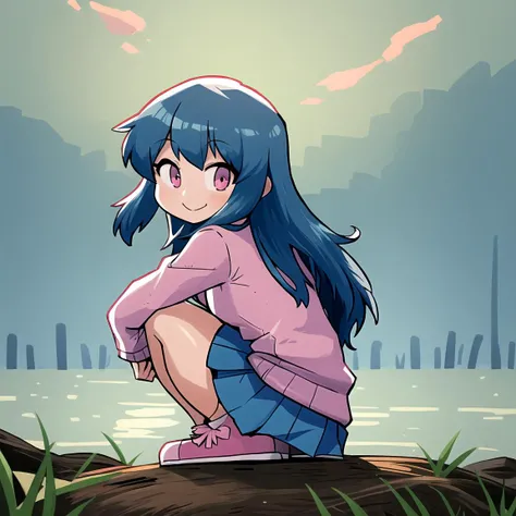 masterpiece, best quality, 1girl, solo, blue hair, long hair, smile, outdoors, pink eyes, pink shirt, long sleeves, <lora:RariattoStyle:0.9>, hands behind back, sweater, closed mouth, blue skirt, white socks, squatting, pink footwear,