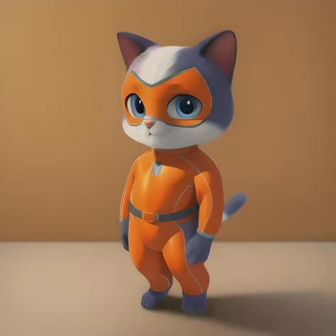 mammal, furry, not human, solo, hi res, absurd res, digital media \(artwork\), 1:1, 2023, simple background, solo focus, shaded, portrait, fur, male, looking at viewer, anthro, short stack, biped, buddy, cat, blue eyes, multicolored fur, orange costume, eye mask, full-length portrait  <lora:BuddyRock_Lora-10:0.7>