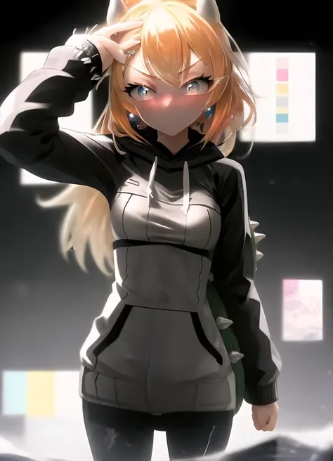 <lora:beautifulDetailedEyes_v10:1.5>, <lora:bowsetteCharacterLora_v10:0.7>, side of head, 1girl, beautiful detailed eyes, glowing eyes, cyan eyes, pov, standing, (sweater, hoodie, black hoodie), extremely detailed, turtle shell, <hypernet:vaeextremecolors_v10:1.2>, (two-tone hair, blonde hair, orange hair,), spiked arm cuffs, :3, (blush, shy, looking away:1.3), <lora:femalePovAndFutanari_v1:0.7>, female pov, outside, beautiful 8k background, wallpaper, <lora:seeThroughSilhouette_v11:1>, full-body,