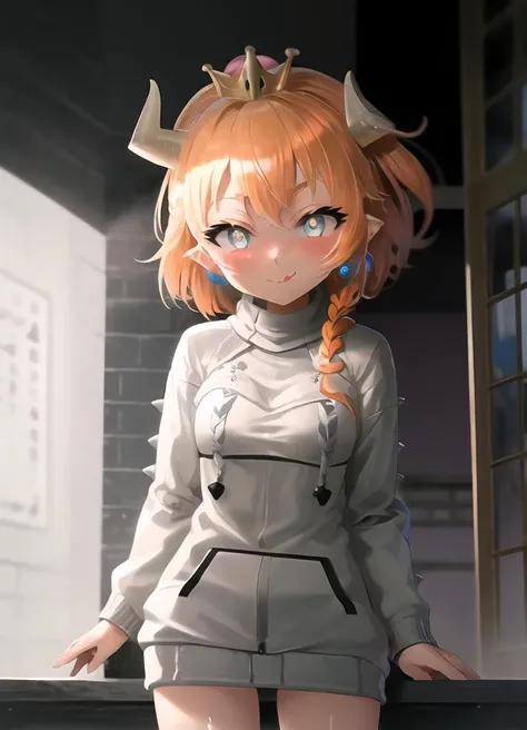 <lora:beautifulDetailedEyes_v10:1.5>, <lora:bowsetteCharacterLora_v10:0.7>, side of head, 1girl, beautiful detailed eyes, glowing eyes, cyan eyes, pov, standing, (sweater, hoodie, gray hoodie), turtle shell, <hypernet:vaeextremecolors_v10:1.2>, (two-tone hair, blonde hair, orange hair,), spiked arm cuffs, :P, blush, shy, looking away, <lora:femalePovAndFutanari_v1:0.7>, female pov, outside, beautiful 8k background, wallpaper, <lora:seeThroughSilhouette_v11:1>