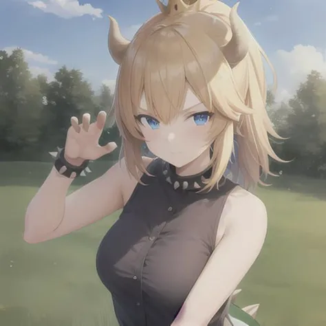 anime,1girl, (masterpiece), (best quality),

solo,blush,standing, leaning forwards, looking at viewer, claw pose, simple background, outdoors, grass, sky, upper body,

<lora:bowsetteCharacterLora_v10:0.8>