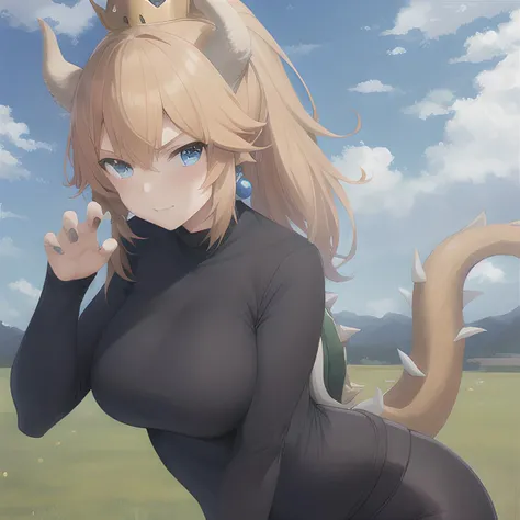 anime,1girl, (masterpiece), (best quality),
yoga pants,
solo,blush, leaning forwards, looking at viewer, claw pose, upper body,
blue sky, grass,
<lora:bowsetteCharacterLora_v10:0.8>