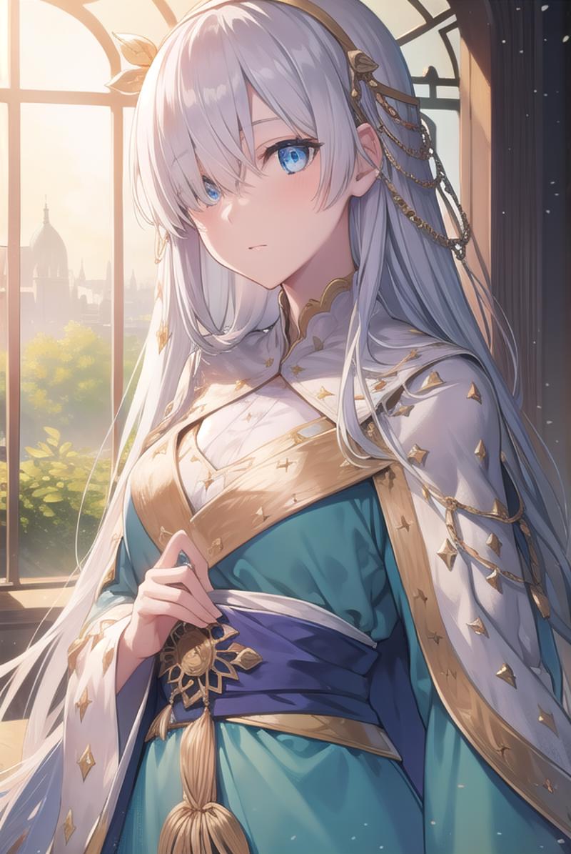 A woman with long white hair and blue eyes standing in front of a ...