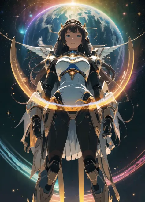 (masterpiece, top quality, best quality, official art, beautiful and aesthetic:1.2), (1girl), extreme detailed, highest detailed, extremely complex, robotic parts, cosmos, space background,looking at viewer,from below,close up,realistic:1.2, angelical, holy light