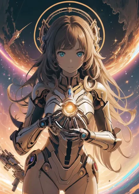 (masterpiece, top quality, best quality, official art, beautiful and aesthetic:1.2), (1girl), extreme detailed, highest detailed, extremely complex, robotic parts, cosmos, planet explosion background,looking at viewer,from below,close up,realistic:1.2, angelical, holy light