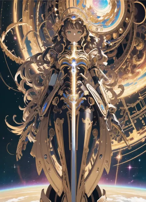 (masterpiece, top quality, best quality, official art, beautiful and aesthetic:1.2), (1girl), extreme detailed, highest detailed, extremely complex, robotic parts, cosmos, planet explosion background,looking at viewer,from below,close up,realistic:1.2, angelical, holy light