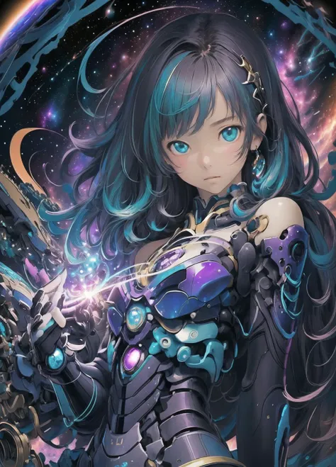 (masterpiece, top quality, best quality, official art, beautiful and aesthetic:1.2), (1girl), extreme detailed, highest detailed, extremely complex, robotic parts, cosmos, space background,looking at viewer,from below,close up,realistic:1.2