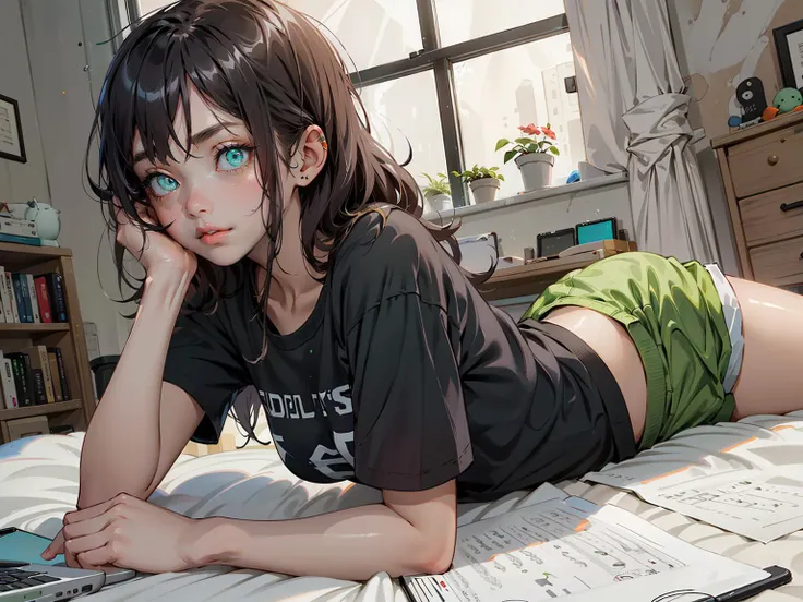 ((1girl,solo))absurdres, highres, ultra detailed, (1girl:1.3), (disheveled hair,beautiful detailed eyes,shiny oily skin:1.1),(green eyes)
 study room
Quiet music is playing in a dark room
various writing tools and electronic devices
Wearing shorts and a t-shirt
The girl is lying in bed and sleeping