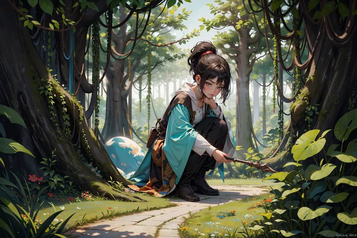((1girl,solo))absurdres, highres, ultra detailed, (1girl:1.3), (ponytail), brown-eyes,
(full shot:1.4)
wizard with a staff
Small and cute animals
Giant trees and forest caves
Vines and gravestones
Fairies and twinkling lights
A winding path and an old castle
clear day