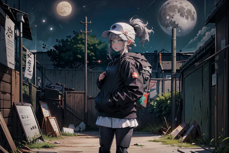 ((1girl,solo))absurdres, highres, ultra detailed, (1girl:1.3), (ponytail),green eyes,
(full shot:1.4)
Techwear
Drones and small robots
Gigantic buildings and a gray city
Giant trees and ruins
The full moon and stars twinkling in the night sky
general store and a backpack
baseball cap
assault rifle